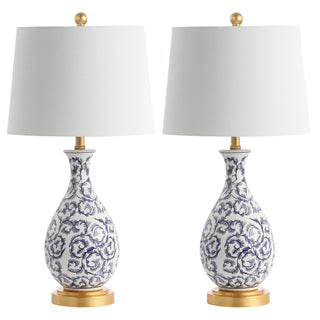 Table Lamps, Set of 2, Blue and White Gourd Body with Gold Base