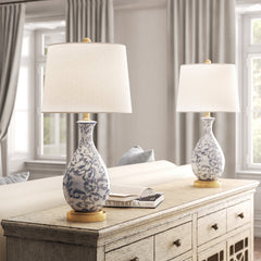 Table Lamps, Set of 2, Blue and White Gourd Body with Gold Base