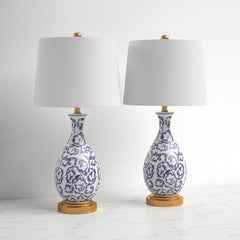Table Lamps, Set of 2, Blue and White Gourd Body with Gold Base