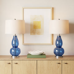 Table Lamps, Set of 2, Glass Base with Cotton Drum Shade