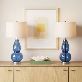 Table Lamps, Set of 2, Glass Base with Cotton Drum Shade