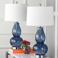 Table Lamps, Set of 2, Glass Base with Cotton Drum Shade