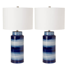 Table Lamps, Set of 2, Navy Ceramic with White Linen Blend Shade