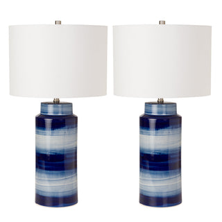 Table Lamps, Set of 2, Navy Ceramic with White Linen Blend Shade