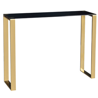 Table, Rectangular Glass Top in Black with Gold Metal Frame