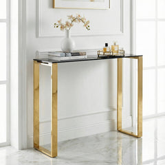 Table, Rectangular Glass Top in Black with Gold Metal Frame