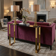 Table, Rectangular Glass Top in Black with Gold Metal Frame