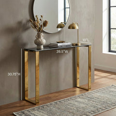 Table, Rectangular Glass Top in Black with Gold Metal Frame