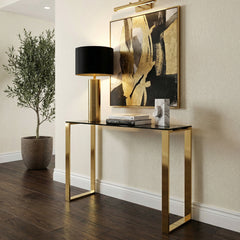 Table, Rectangular Glass Top in Black with Gold Metal Frame