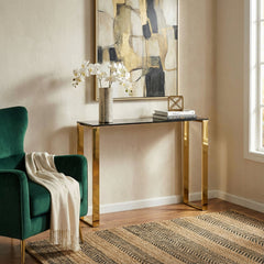 Table, Rectangular Glass Top in Black with Gold Metal Frame