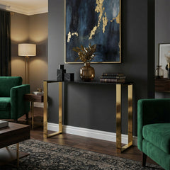 Table, Rectangular Glass Top in Black with Gold Metal Frame