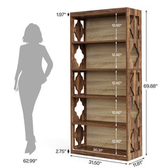 Tall Bookshelf, 6 Tiers, Brown Manufactured Wood