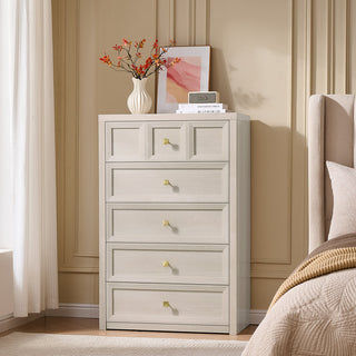 Tall Dresser, 5 Drawers, Beige with Metal Handles
