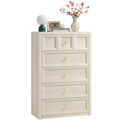 Tall Dresser, 5 Drawers, Beige with Metal Handles
