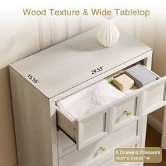 Tall Dresser, 5 Drawers, Beige with Metal Handles