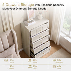 Tall Dresser, 5 Drawers, Beige with Metal Handles