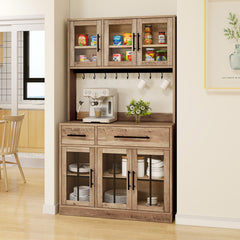 Tall Kitchen Pantry Cabinet with 6 Doors and 2 Drawers in Brown