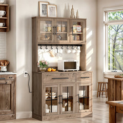 Tall Kitchen Pantry Cabinet with 6 Doors and 2 Drawers in Brown