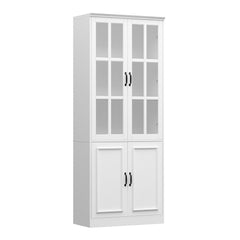 Tall Kitchen Storage Cabinet with 4 Doors in White with Black Hardware