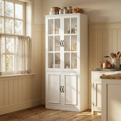Tall Kitchen Storage Cabinet with 4 Doors in White with Black Hardware