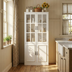 Tall Kitchen Storage Cabinet with 4 Doors in White with Black Hardware
