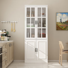 Tall Kitchen Storage Cabinet with 4 Doors in White with Black Hardware
