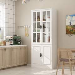 Tall Kitchen Storage Cabinet with 4 Doors in White with Black Hardware