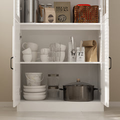 Tall Kitchen Storage Cabinet with 4 Doors in White with Black Hardware