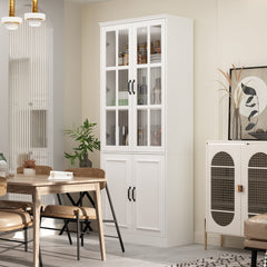 Tall Kitchen Storage Cabinet with 4 Doors in White with Black Hardware