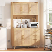 Tall Pantry Cabinet with 3 Drawers and Charging Station, Natural Rattan