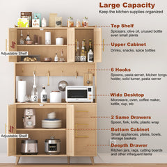 Tall Pantry Cabinet with 3 Drawers and Charging Station, Natural Rattan