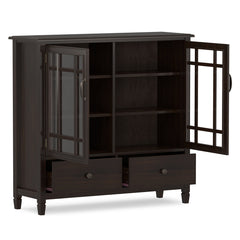 Tall Storage Cabinet, 46 in Wide, Solid Wood with Glass Doors and Bronze Hardware