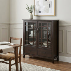 Tall Storage Cabinet, 46 in Wide, Solid Wood with Glass Doors and Bronze Hardware