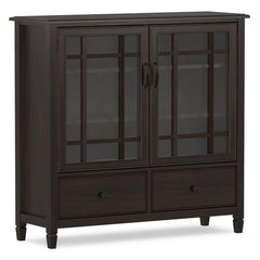 Tall Storage Cabinet, 46 in Wide, Solid Wood with Glass Doors and Bronze Hardware