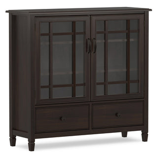 Tall Storage Cabinet, 46 in Wide, Solid Wood with Glass Doors and Bronze Hardware