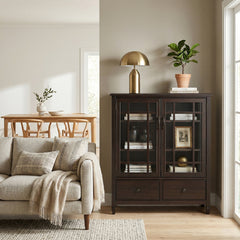 Tall Storage Cabinet, 46 in Wide, Solid Wood with Glass Doors and Bronze Hardware