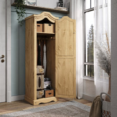 Tall Storage Cabinet in Solid Pine Wood, Brown with Black Metal Handles