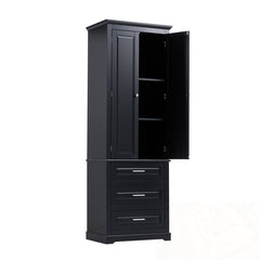 Tall Storage Cabinet with 3 Drawers and Adjustable Shelves in Black