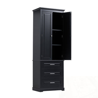 Tall Storage Cabinet with 3 Drawers and Adjustable Shelves in Black