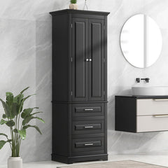 Tall Storage Cabinet with 3 Drawers and Adjustable Shelves in Black