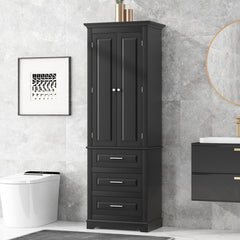 Tall Storage Cabinet with 3 Drawers and Adjustable Shelves in Black