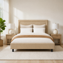 Room 2 | Straight-on view with oak nightstands, white lamps, and a leafy plant