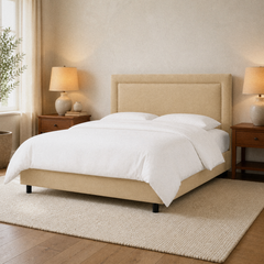 Room 1 angle | Three-quarter view with the window, nightstands, lamps, and rug