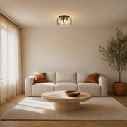 In a room | the same flush mount above a living room sofa and coffee table
