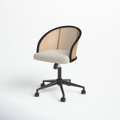 Task Chair in Beige Fabric with Cane Back and Black Wood Frame
