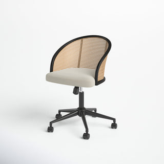 Task Chair in Beige Fabric with Cane Back and Black Wood Frame