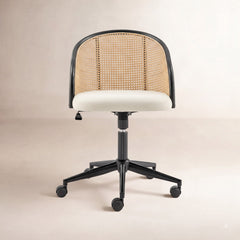 Task Chair in Beige Fabric with Cane Back and Black Wood Frame