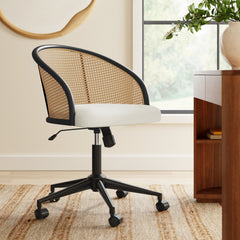 Task Chair in Beige Fabric with Cane Back and Black Wood Frame