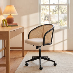 Task Chair in Beige Fabric with Cane Back and Black Wood Frame