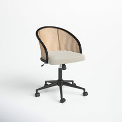Task Chair in Beige Fabric with Cane Back and Black Wood Frame